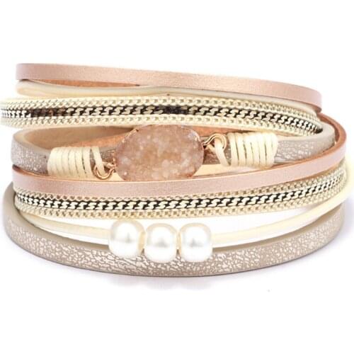 FYJS Unique Light Yellow Gold Color Irregular Shape Crystal Dyed with Leather Bracelet Ethnic Style Jewelry