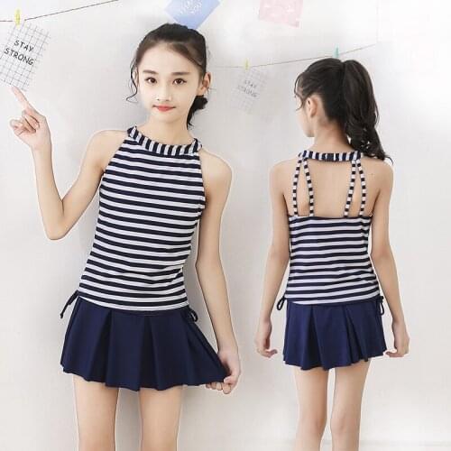 2020 Korean Girl Swimsuit Student Small Fresh Striped Split Skirt Boxer Navy Style Children 's Swimwear Детский Купальник