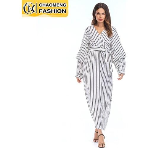 Middle East Fashion Casual Striped V Neck Long Sleeve Muslim Women Dress Maxi Islamic Clothing Turkish Robe Kaftan Dubai Abaya