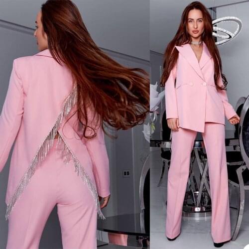 Fashion Design Women Blazer Suits with Beading Tassel Long Sleeve Ladies Formal Pants Suits Prom Party Wedding (jacket+pants)