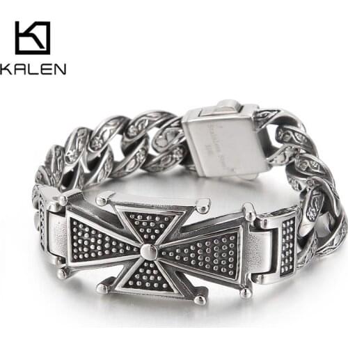 15mm Cross Charm Bracelet Mens Stainless Steel 316L Curb Cuban Rock Bracelets Fashion Gift