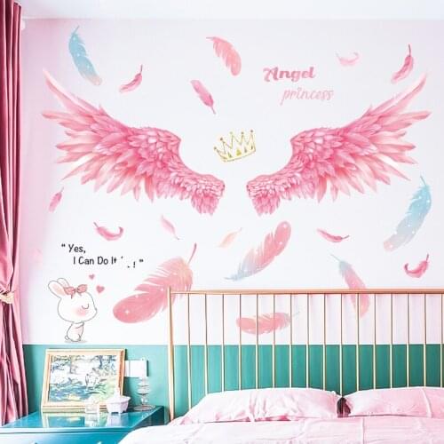 Pink Feathers Wing Wall Stickers DIY Cartoon Girl Mural Decals Kids Rooms Princess Bedroom House Decoration