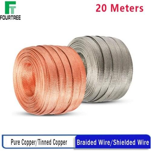20 Meters Copper Tinned Bare Ground Braid Lead WIre Signal Shielded Cable Conductive Tape High Flexibility 1.5-12mm 4-20mm Width