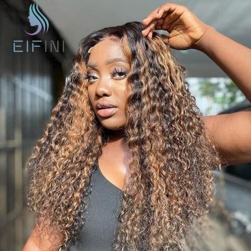 Brown Ombre Human Hair Wigs 13x6 Curly T Part Lace Human Hair Wigs For Black Women Brazilian Remy Hair #4/27 Highlight Color Wig