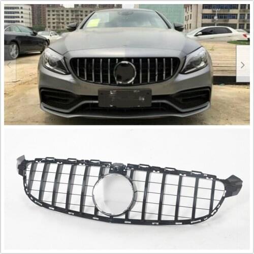 C63 C63S GT R AMG Front Upper Bumper Grille For Mercedes Benz W205 2015-2018 Black Replacement Racing Grill With Camera Hole