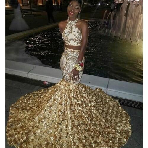 Gold Rose Prom Dresses South African Black Girls Two Piece Formal Pageant Holidays Wear Graduation Evening Party Gowns Plus Size