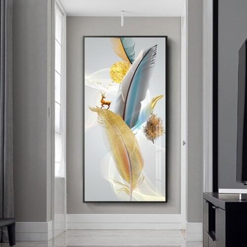 Nordic Abstract Colorful Feather Golden Yellow Deer Posters Canvas Painting Wall Art for Living Room Home Decor Cuadros