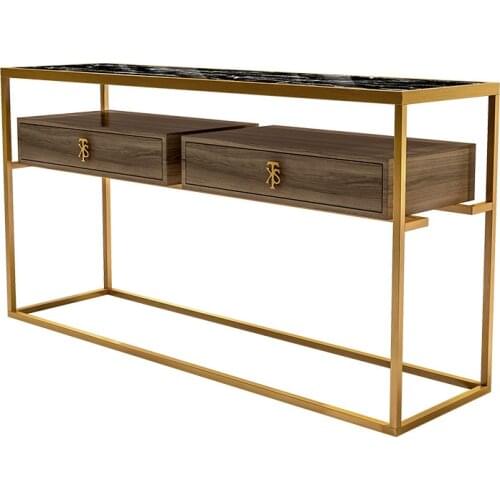 Modern minimalist brushed brass color stainless steel rectangular porch cabinet with marble surface storage cabinet