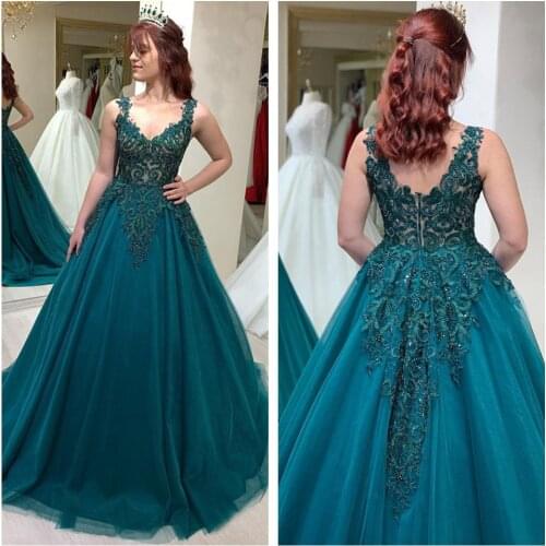 HONGFUYU Vintage Ball Gown V-Neck Prom Dresses Appliques Sleeveless Tulle Evening Gowns for Formal Party Zipper Back Beadings