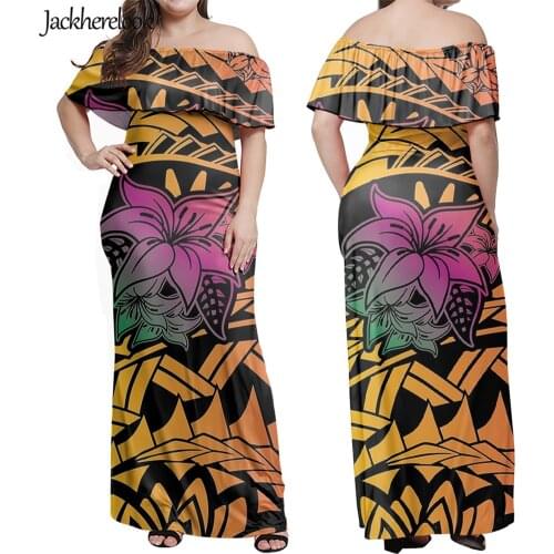 Jackherelook Vintage Ruffle Off Shoulder Dress Polynesian Tribal Tattoo Hibiscus Floral Pattern Bodycon Club Party Maxi Dresses