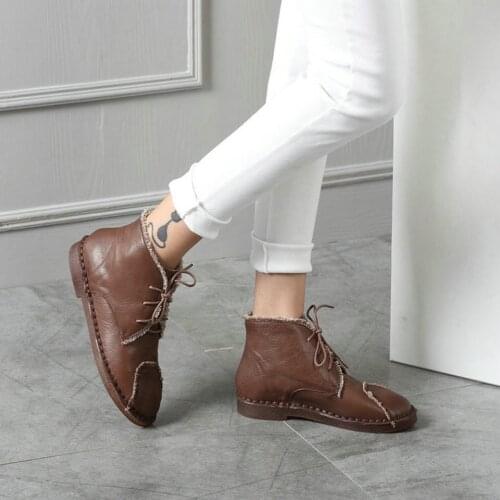 EshtonShero Womens Shoes Flats Cow Leather+PU Flat Heel Autumn Lace Up Round Toe Fashion Ladies Loafers Shoes Size 3-12