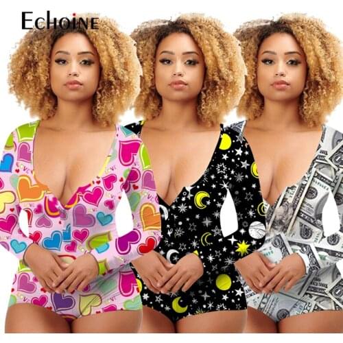 Echoine women print Sexy Button open crotch Adults Onesies Long sleepwear V-neck Pajama Rompers Women Jumpsuit Nightwear