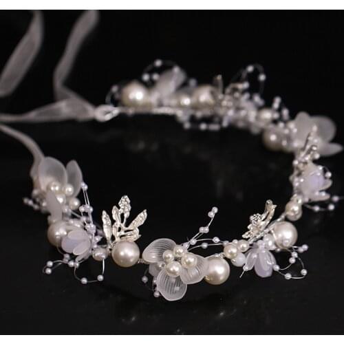 Womens Elegant Hair Accessories Pearl Bridal Headpieces With Ribbon Handmade Simple Wedding Headband For Wedding Party 2021