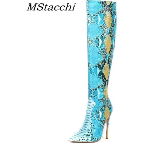 MStacchi New Fashion Blue Snake Skin Women Botas Mujer Invierno 2020 Pointed Toe Over-The-Knee High Boots Ladies Sexy Party Shoe