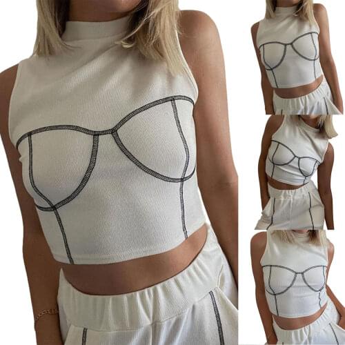 Womens Rib Knit Tank Tops, Trendy Sleeveless Round Neck Glasses Pattern Crop Tops