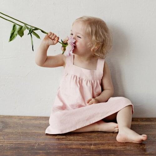 2021 summer suspender Linen dress wide shoulder square collar dress solid color temperament new childrens clothing TZ32