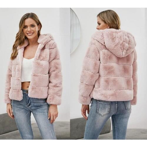 Women Fluffy Coat 2021 Hooded Zipper Closure Winter Coat Faux Fur Long Sleeve Short Type Fluffy Cardigan Outerwear