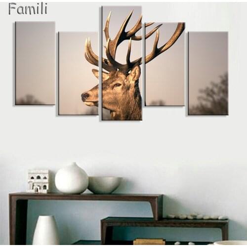 5pcs Combination Deer Winter Deer Picture Wrapped Canvas Print Shows Deer with Antler Racks Wildlife Wall Decor