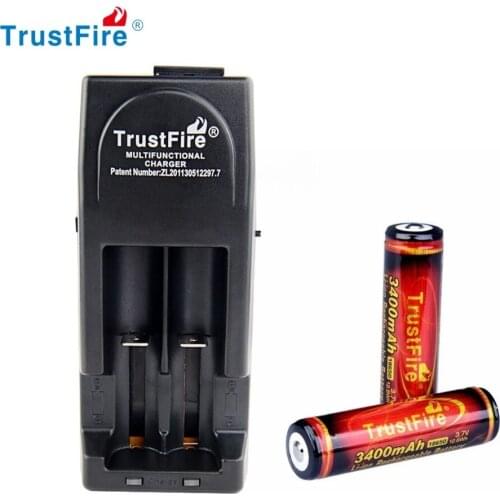 2PCS TrustFire 3400mAh 3.7V 18650 High Capacity Li-ion Lithium Rechargeable Battery Protected PCB With TrustFire Tr-001 Charger