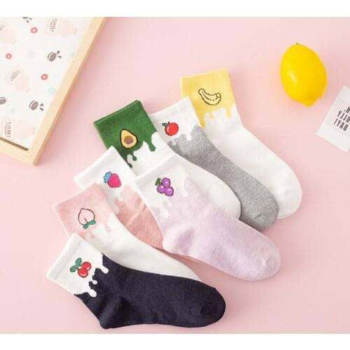 Anewmorn Japanese Korea Kawaii Girls Cartoon Peach Avocado Strawberry Grape Casual Sweet Socks Lady Basic Daily Casual Sox Women