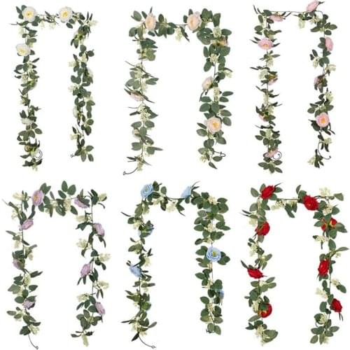1Pc 2m Artificial Roses Flower Vine Decorative Fake Plastic Ivy Hanging Rose Garland Wedding Home Wall Decoration Faux Plants