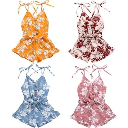 Children’s Summer Wear Fresh Floral Printed Tied Spaghetti Straps Sleeveless V-Neck Short Jumpsuits for Kids Girl 1-6 Years