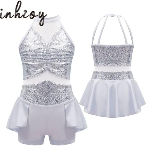 Kids Girls Ballet Leotard Dress Jazz Dance Costumes Sequins Halter Sleeveless Backless Ballet Dance Gymnastics Leotard Jumpsuit