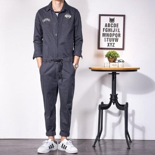 2021 New Denim Jumpsuits Dark Gray Lapel Long Sleeve Text Embroidery Jeans Streetwear Overalls Fashion Casual Trousers Cargo