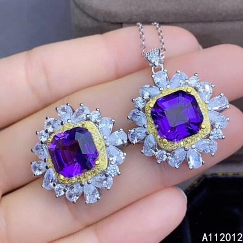 KJJEAXCMY fine jewelry natural Amethyst 925 sterling silver noble girl pendant necklace ring set support test hot selling
