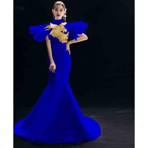Royal Blue Embroidery Dragon Cheongsam Modern Stage Show Qi Pao Women Chinese Traditional Evening Party Dresses Host Gown
