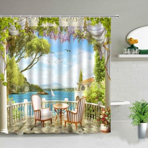 Ldyllic Scenery Shower Curtains Ocean Flower Plant Spring Landscape Bathroom Curtain Bathtub Decor Waterproof Fabric With Hooks
