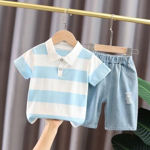 LISUNNY 2021 Summer Boys Clothing Sets Children Sports Outfit Lapel Stripe Short Sleeve T Shirt Shorts Kids Vacation Clothes