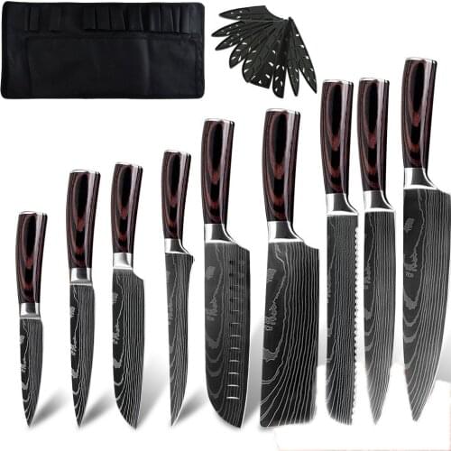 XYj 10 Pcs Stainless Steel Knife Set Chef Bread Santoku Slicing Utility Boning Paring Damascus Pattern Blade Knife Cooking Tools