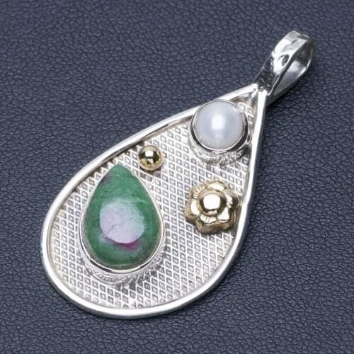 Natural Two Tones Ruby Zoisite and River Pearl Punk Style 925 Sterling Silver Pendant 1 3/4" Q0738