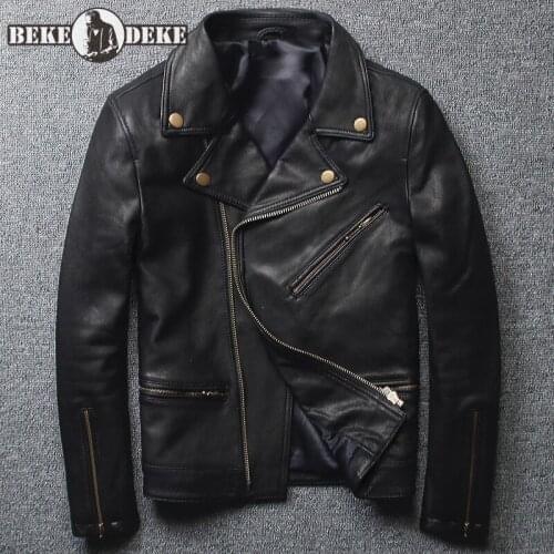 Punk Style Men 100% Real Leather Jacket Fashion Slim Fit Lapel Sheepskin Motorcycle Short Coat Street Zipper Outerwear Plus Size