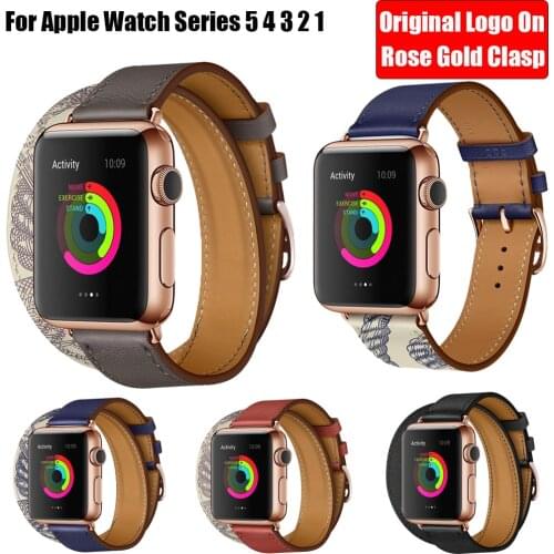 Herm Logo Rose Gold Swift Leather Double/Single Tour Strap for Apple Watch 5 4 3 2 1 44MM 40MM 42MM 38MM Watch Band for iWatch