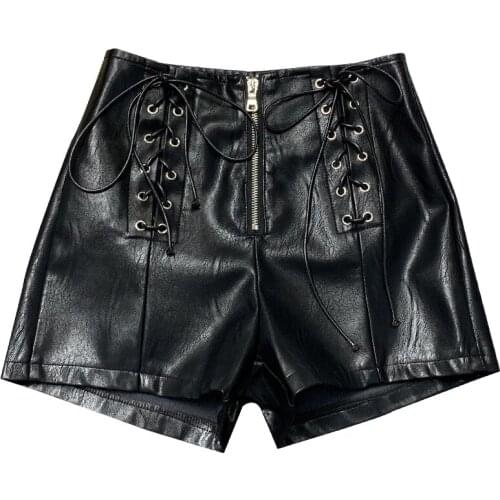 Autumn winter pu leather short women high waist lace up wide leg shorts plus size 2xl
