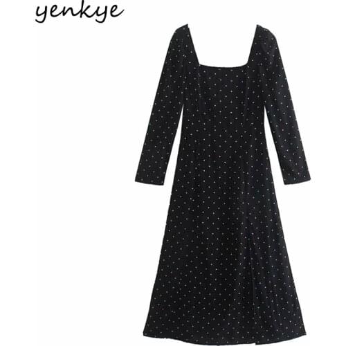 YENKYE Spring Women Geometric Print Vintage Black Long Dress Female Square Neck Long Sleeve Sexy Slits Elegant Lady Dresses