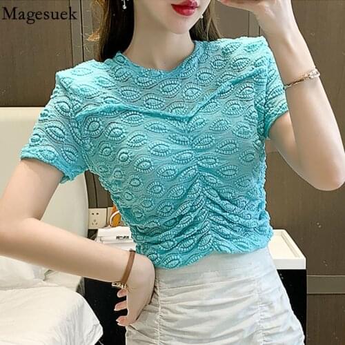 Hollow Out Lace Blouse Women Summer 2021 New Short Sleeve Hook Flower Pink Shirts Tops Office Lady Fashion O-neck Clothes 15535