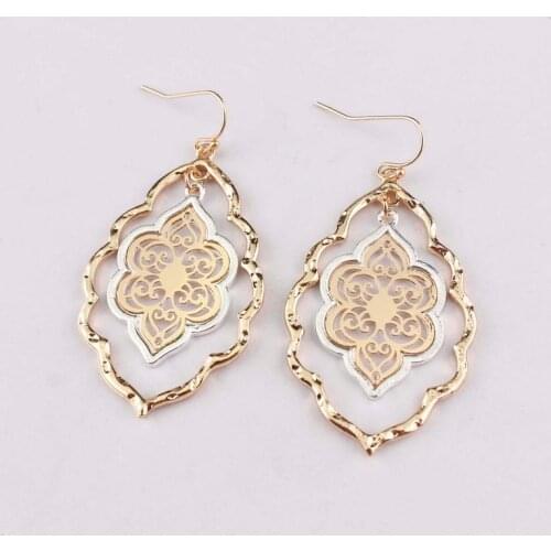 Worn Gold and Silver Color Metal Morocco Dangle Drop Earrings for Women Cut Out Filigree Magnolia Teardrop Statement Earrings