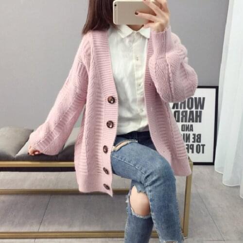Spring Autumn Solid Color Knitted Cardigan Woman 2021 New Korean Fashion Loose All-Match Lantern Sleeve Sweater Coat Female A889