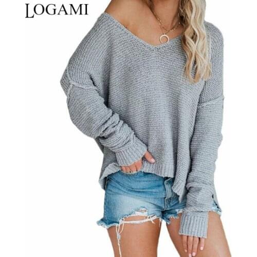 LOGAMI V Neck Loose Pullover Women Long Sleeve Sexy Sweaters Womens Casual Jumper 2020