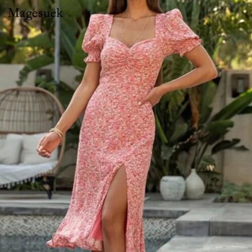 Sweet Printing Square Collar Lantern Sleeve Dress 2021 Summer Midi Dress for Women Bohemian Slim Ruffle Pink Dress Vestido 15977