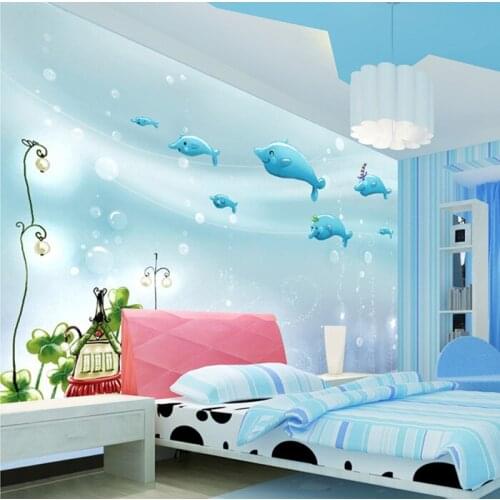 3D stereoscopic childrens room cartoon dolphin theme background wallpaper wallpaper bedroom large mural sea floor world