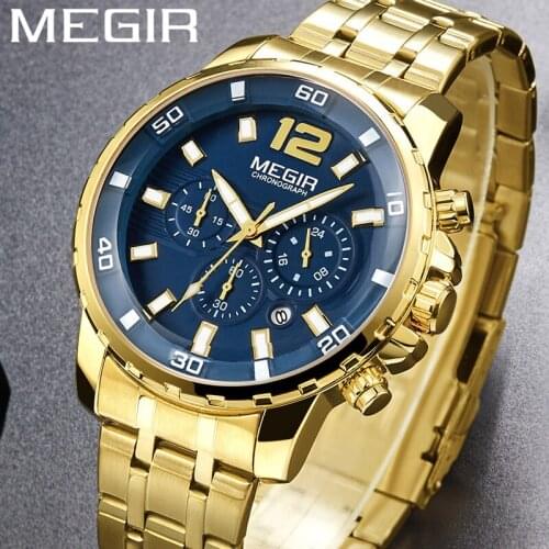 MEGIR Watch Waterproof Chronograph Military Male Clock Top Brand Luxury Gold Stainless Steel Business Man Sport Wristwatch 2068