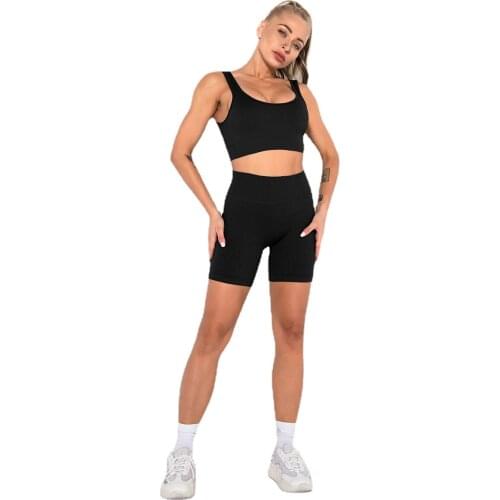 Black Sport Suit Women Fitness Bra Shorts 2 Pcs Set Gym Running Workout Clothing Sexy Stretchy Yoga Set Seamless Biker Tights