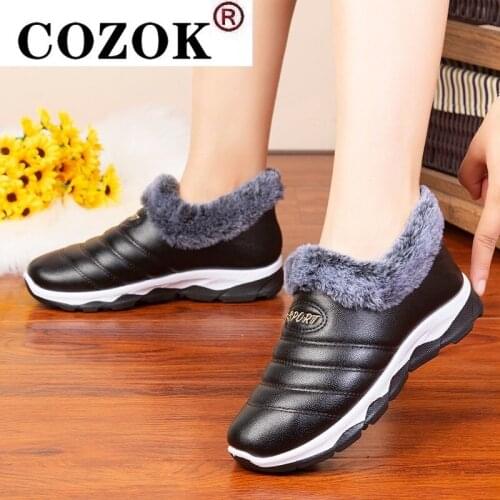 COZOK Warm Winter Women Shoes Platform Fur Casual Lady Shoes Fashion Sneakers Waterproof Pu Leather Snow Boots Woman WSN339