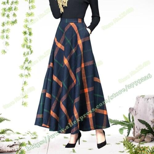 2019 Autumn And Winter Casual Plus Size 6XL 5XL Woolen A-line Plaid stripe Maxi Skirts Womens / female a line Long Skirt falda