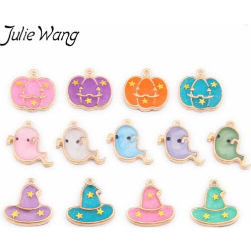 Julie Wang 10pcs Epoxy Halloween Charms Alloy Gold Tone Pumpkin Wizard Hat Ghost Pendant Bracelet Jewelry Making Accessory