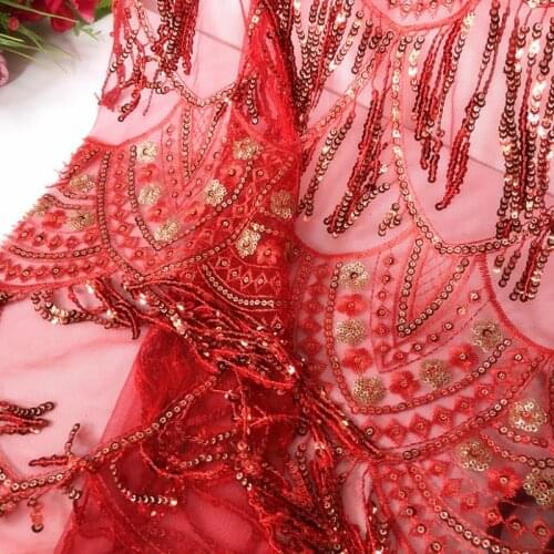 Sweet tassel sequin lace fabric latin dance dress diy sewing materials champagne gold big red sequin fabric 0.5X1.25M